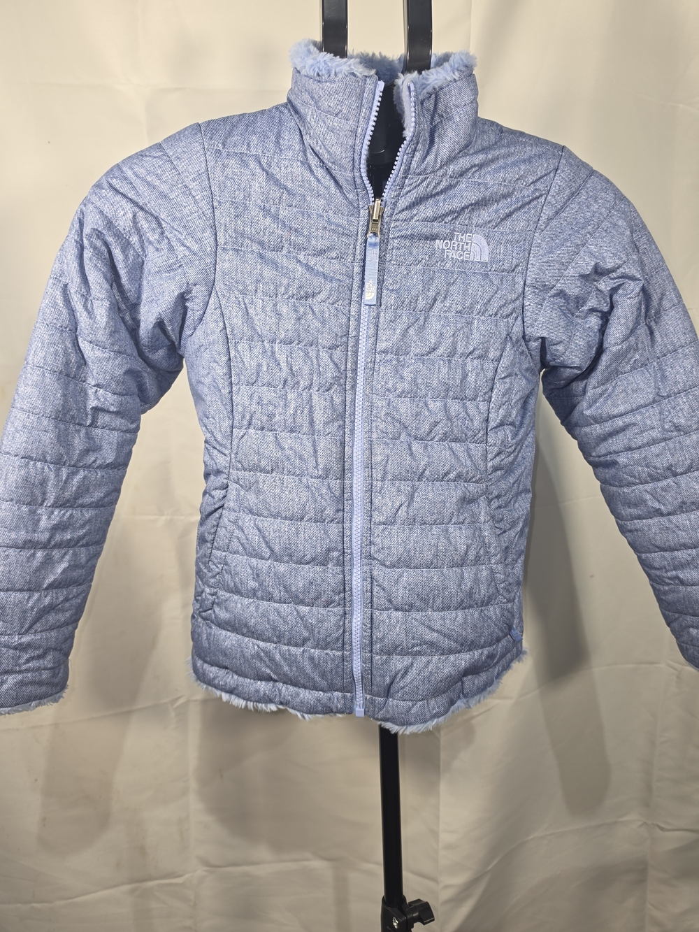 The North Face Girls Reversible Puffer Fleece/Faux Fur Jacket Blue M 10/12
